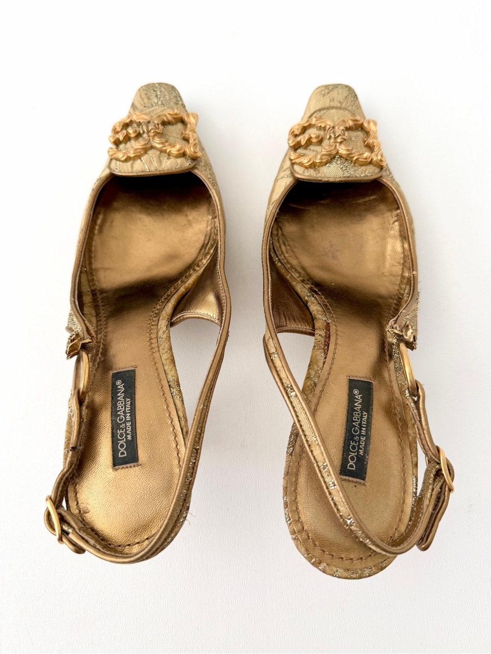 DOLCE & GABBANA | Vintage Gold Brocade Slingback Kitten Heel Pumps EU 37.5 - Picture 12 of 17